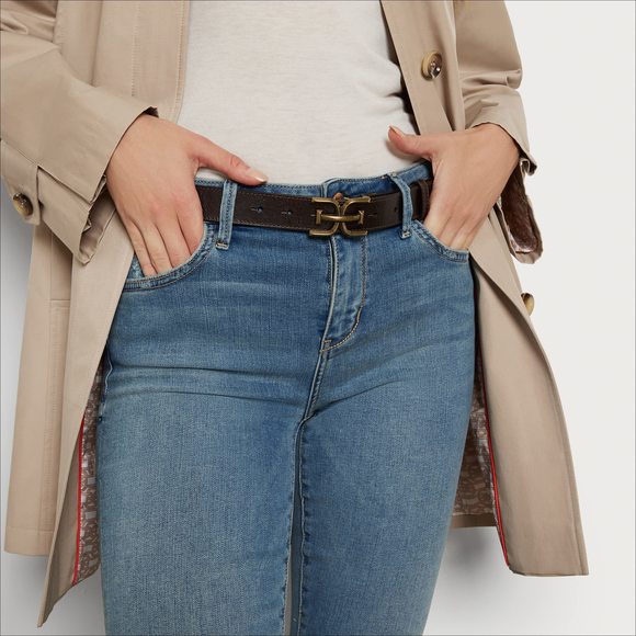 Women's Slim Stitched Edge Double-e Plaque Buckle Belt, Brown, Small🦁 - Picture 5 of 5